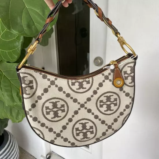 Tory Burch Ivory T Monogram Small Crescent Bag Shoulder Purse Crossbody $598