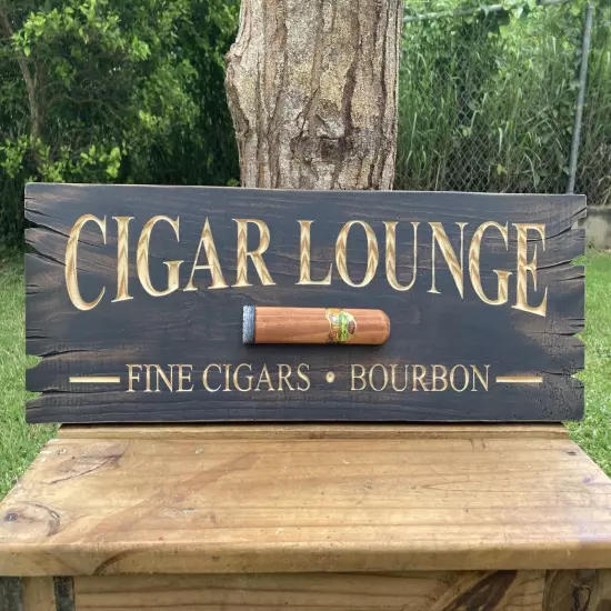 Cigar Lounge Whiskey Bar Bourbon Wood Sign Carved Rustic Tavern Antique Look