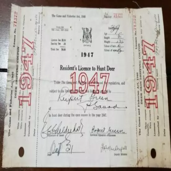 1947 Ontario Deer Hunting License + 2tags Lands & Forests Game Fisheries L&F MNR