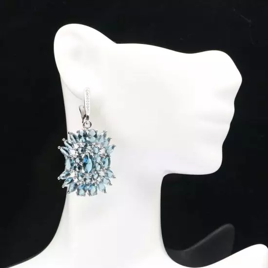 SheCrown Gorgeous London Blue Topaz White CZ Bride Wedding Silver Earrings