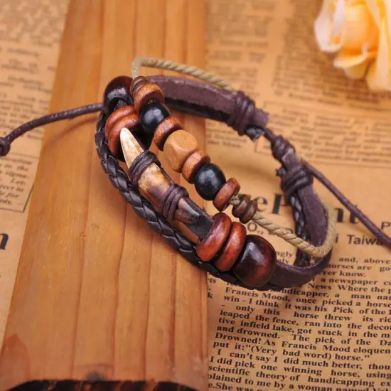 G276 Brown Cool Beach Leather Hemp Wood Beads Tooth Bangle Bracelet Cuff Men's