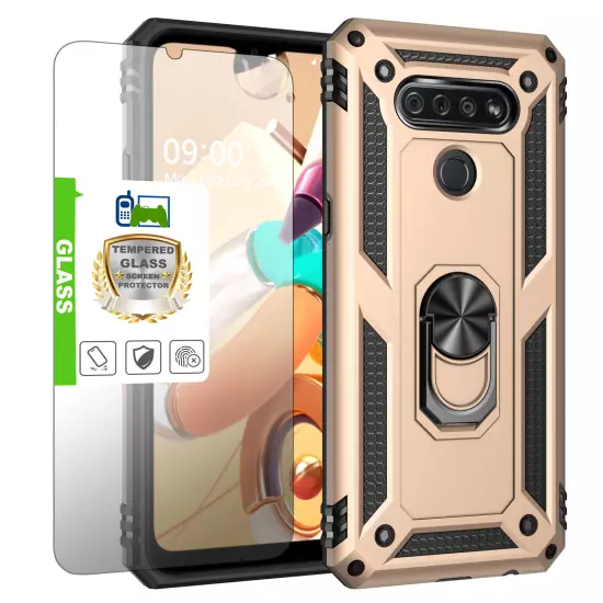 For LG K51 Q51 Reflect Case Shockproof Ring Stand Phone Cover w/ Tempered Glass