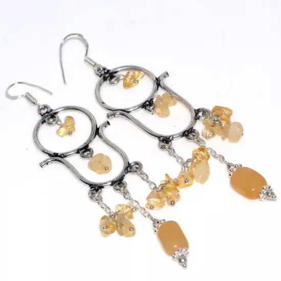 925 Silver Plated Yellow Aventurine Ethnic Beaded Earrings Jewelry Size 4" GW