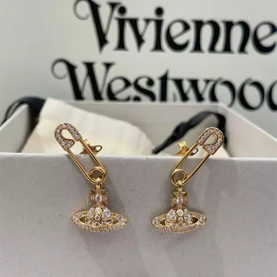 1Pair Vivienne Westwood Tone Crystal Earrings Bas Relief Saturn Orb Earrings