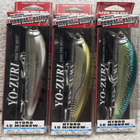 (3) Yo-Zuri Hydro Floating Long Casting Minnow 6” 1.25oz Dives 2-3’ Good Mix 764