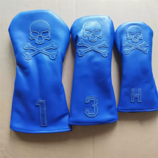 3pcs Blue Golf Skull Head Covers For Driver Fairway Wood Hybrid #1 #3 #H Cover