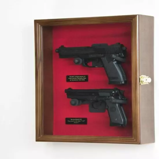 Gun Display Case 2 Guns Walnut Solid Wood Handgun Pistol Revolver Lock USA Frame