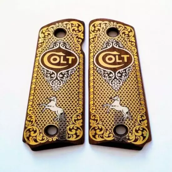 COLT 1911 custom engraved wood grips gold silver rampant horse logo Scroll #2