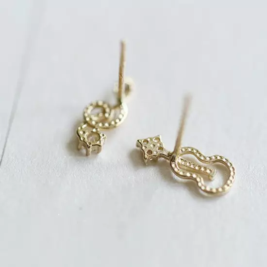 Handmade Dainty Gold CZ Violin/Music Note Stud Earring CZ 925 Silver Jewel