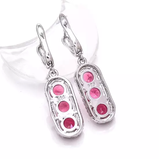 Pink Rubellite Tourmaline & CZ Gemstone 925 Sterling Silver Earring 1.50" E76124