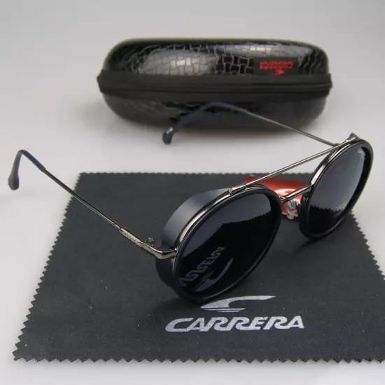 Men Women Retro Sunglasses Matte Black Metal Round Frame Carrera Glasses+Box C39