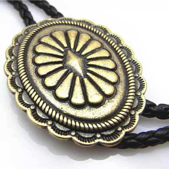 Vintage Men Bolo Tie Western Cowboy Indian Celtic Pattern Alloy Necklace PU Rope