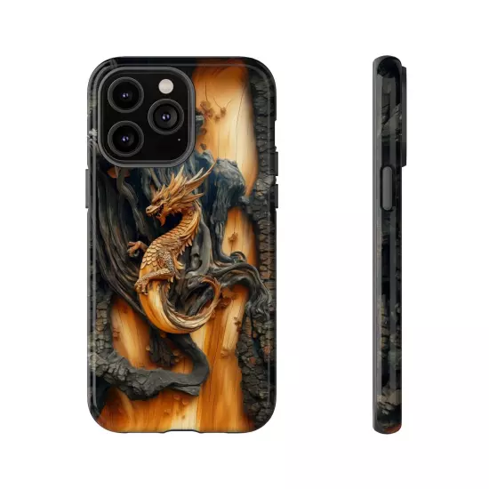 For iPhone, Samsung Galaxy, Pixel - Phone Case Cover - Carved Wood Dragon Print