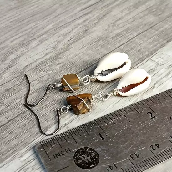 Raw Tigers Eye Crystal & Cowrie Shell Beaded Dangle Earrings, Gemstone