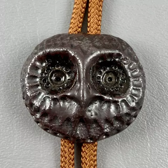 Bolo Tie Pottery Owl Face Brown Rope Silver Tips Mens Womens Western Handcrafted