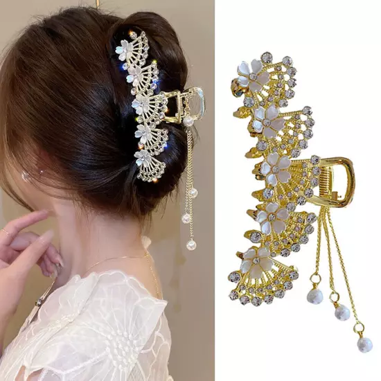 Large Rhinestone Hair Claw Pearl Flower Tassels Fan-shaped Metal Ponytail Clip