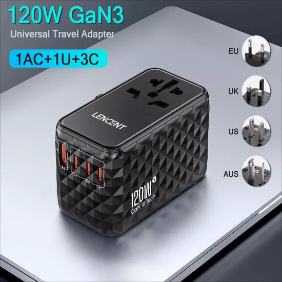 120W GaN International Travel Adapter with1 USB-A+3 Type-C PD3.0 Fast Charging