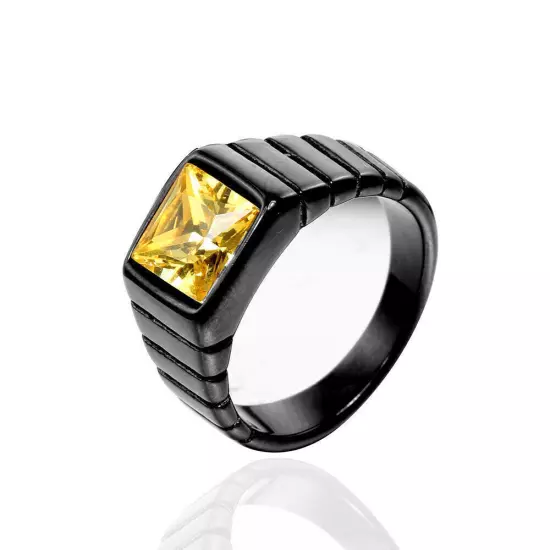 Square Amber CZ Black Signet Ring Stainless Steel Men Women Classic Wedding Ring