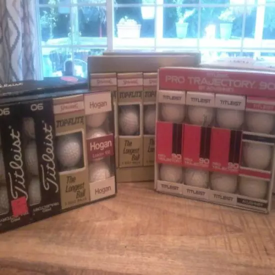 vintage golf balls,3 boxes, hogan, titleist, and spalding