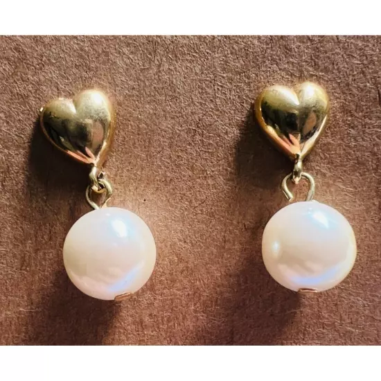 Gold Tone Heart & Pearl Drop Earrings