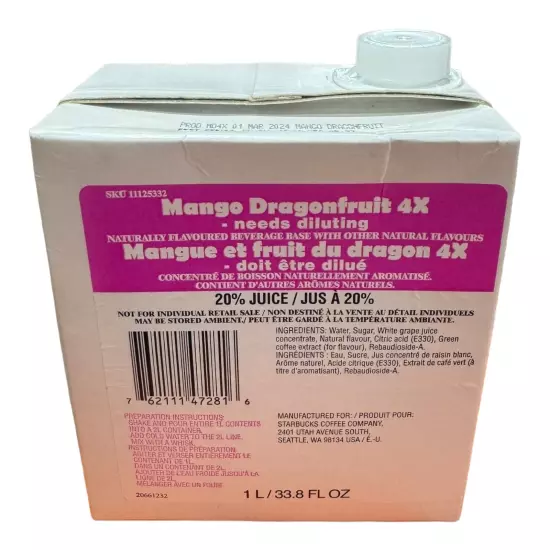 Starbucks Mango Dragonfruit 4x Concentrate 1L/33.8 fl oz Juice Mixture 08/28/24