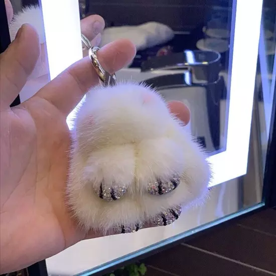 Real Mink Fur Rabbit Bunny w Rhinestone Feet Keychain Bag Pendant Charm Keyring