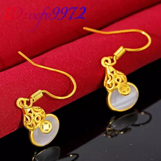 Natural Jade Gourd Earrings Real Jewelry Carved Gemstone Luxury 18K Gold Plated