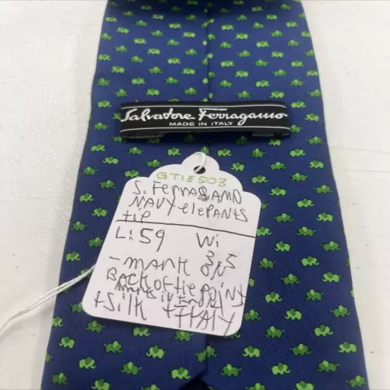 Salvatore Ferragamo Men's Navy Blue & Green Elephant Silk Neck Tie $295