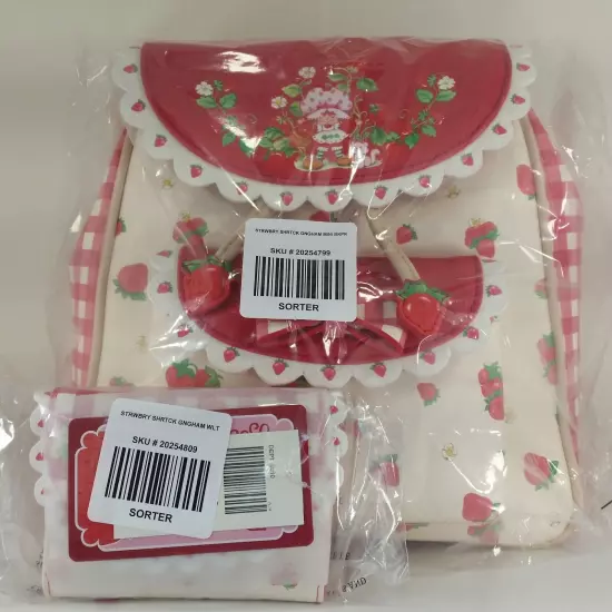 Strawberry Shortcake Gingham Mini Backpack Bag & Wallet Cardholder Set New