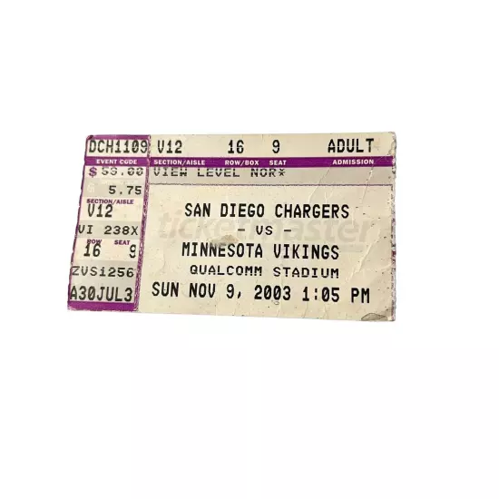 11/09/03 CHARGERS/VIKINGS FOOTBALL TICKET STUB Randy Moss 1 TD Culpepper 4 TDs