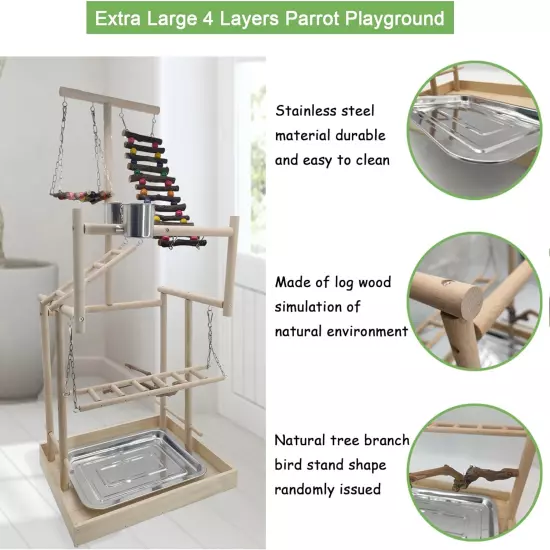 4 Layers Large Bird Playground 32" H Pet Parrot Playstand Gym Perch Wood Playpen