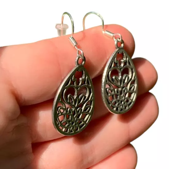 Silver Filigree Flower Heart Teardrop Earrings 925 Sterling Silver Hooks