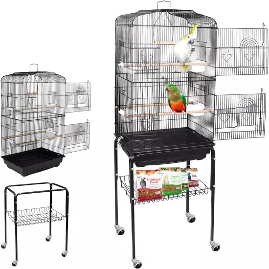 59.3 Inch Medium Pet Bird Cage with Detachable Rolling Wrought Iron Stand for Co