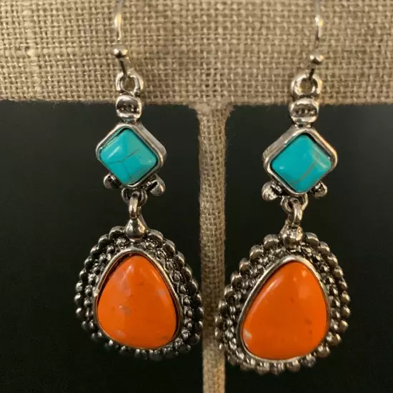 Native American Style Faux Turquoise & Coral Silver Teardrop Navajo Earrings NEW