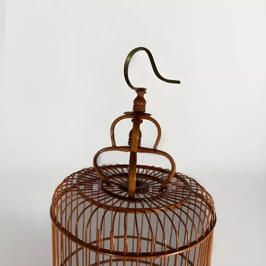 Vintage Bamboo & Teak Bird Cage 17" Curved Asian Chinoiserie Double Loop