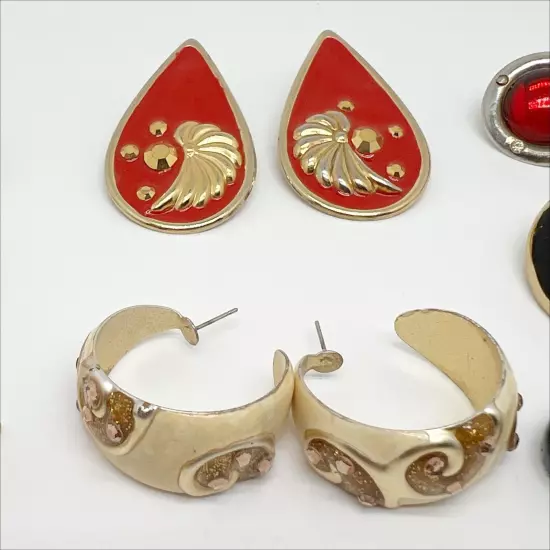 Lot of 8 Vintage Metal and Enamel Pierced Earrings Gold, Silver, Red, Black