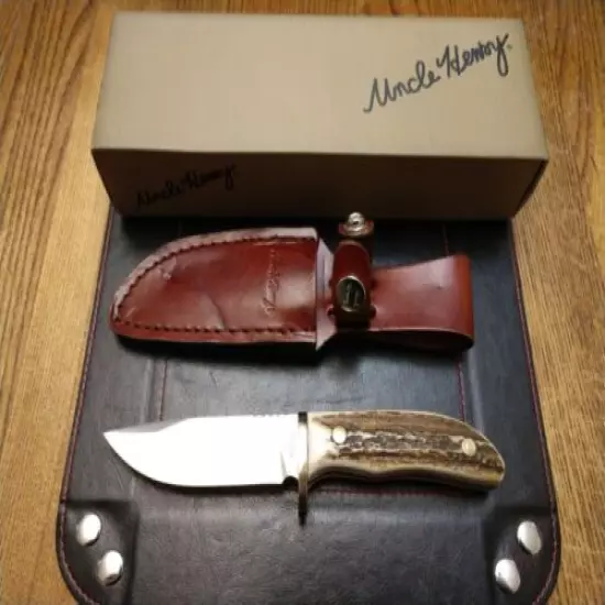 Uncle Henry Stag Drop Point Hunter Knife D2 Blade Real Stag Handle Leather Sheat