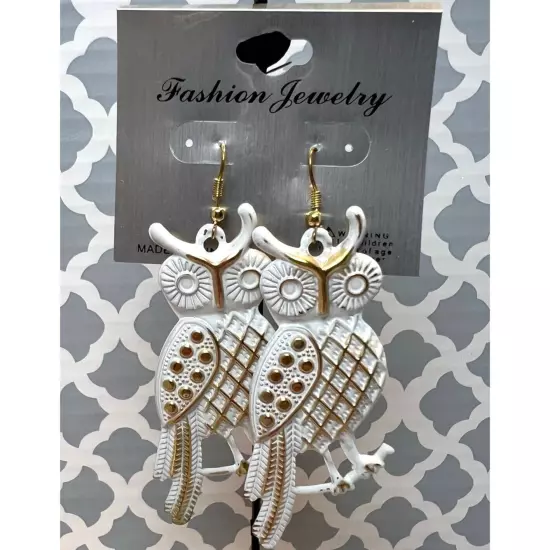 Owl White & Gold Toned Brushed Metal Dangle Earrings New