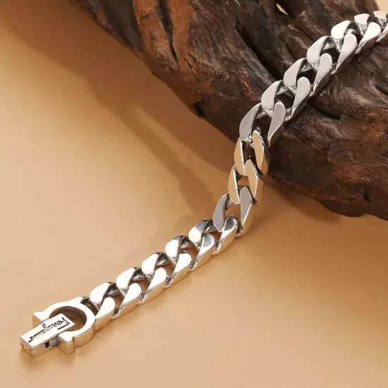 8MM Real 925 Sterling Silver Cuban Link Bracelet Men Retro Hip Hop Tank Bracelet