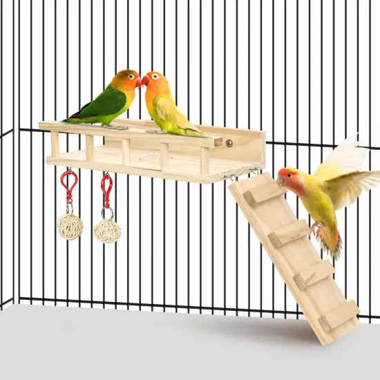 PETOGO's Wooden Bird Perch Platform Stand with Ladder and Rattan Toys - Made ...