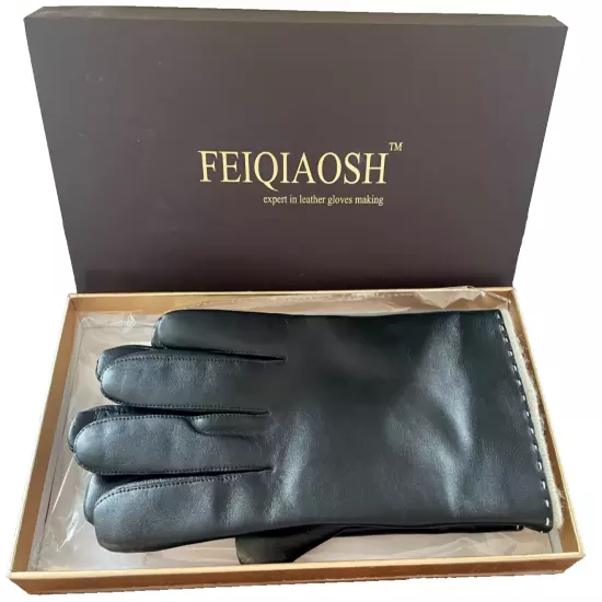 FEIQIAOSH Brand women's leather gloves medium poly wool lining black new in box