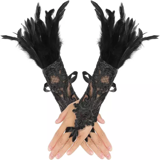 Women'S Feather Lace Long Gloves Black Gothic Mesh Gloves Fingerless Witch Glove