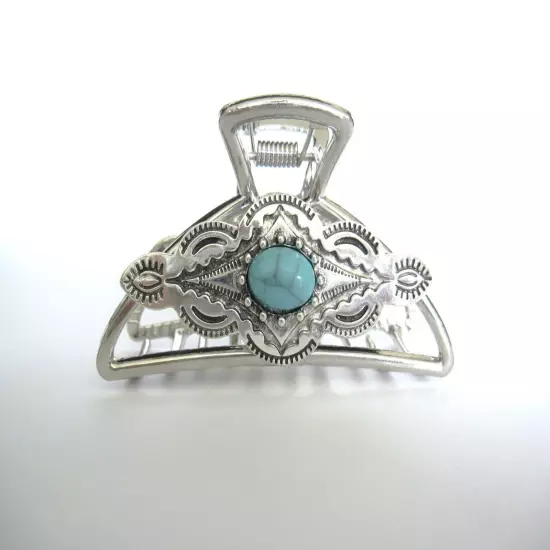 Hair claw clip turquoise blue silver western design metal native tribal