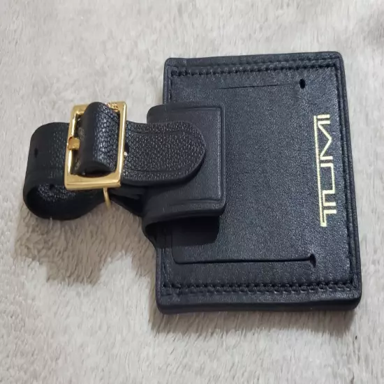 New Tumi Black Leather Luggage Name Tag with Gold-Tone Buckle