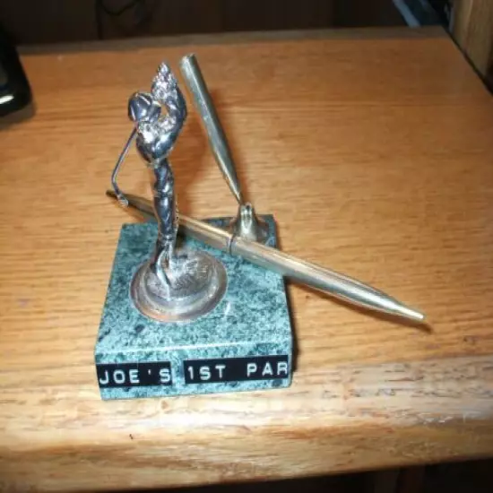 Unique Golfer Statue Desk Set w/ Ball Point Pen, apprx. 3 in.square X 4 in. high