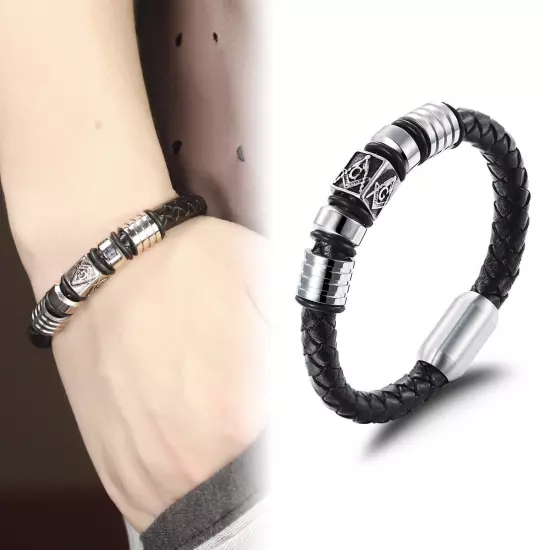 Men's Braided Leather Free-Mason Masonic Bead Magnetic Bracelet Cuff Bangle