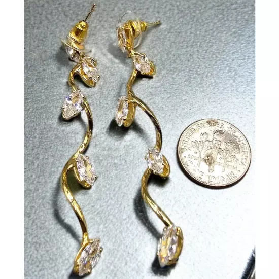 Pierced Sparkly Shimmering Rhinestones Leaf Shaped Dangle Earrings Gold Tone