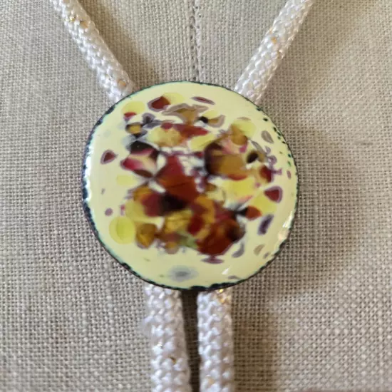 White Color Bolo Tie With Yellow Rust Color Oval Enamel 1.5"x1" Clasp 30" Tie