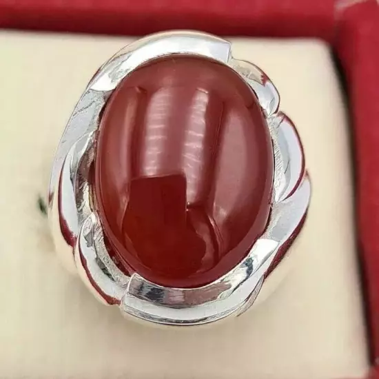 Yemeni Akik Ring - Mens Aqeeq Carnelian Agate Silver Bague