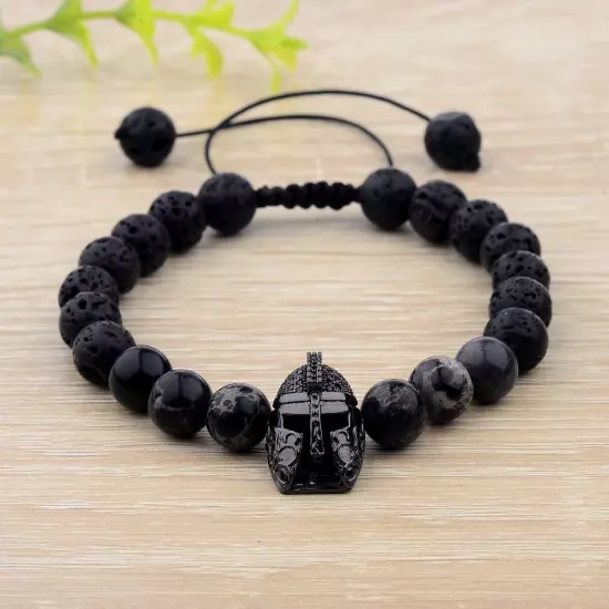 Charm Men Spartan Helmet Warrior Bracelet Natural Lava Stone Ajustable Bracelets